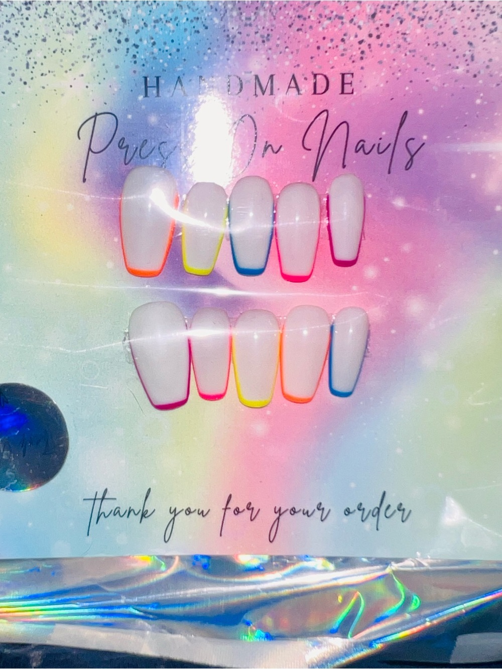 Handmade Press On Nails with Neon Outline Skittles nails by Qui